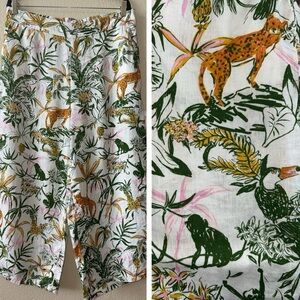 100% Linen Tropical Jungle Wide Leg Pull On Elastic Waist Cropped White Pants XL